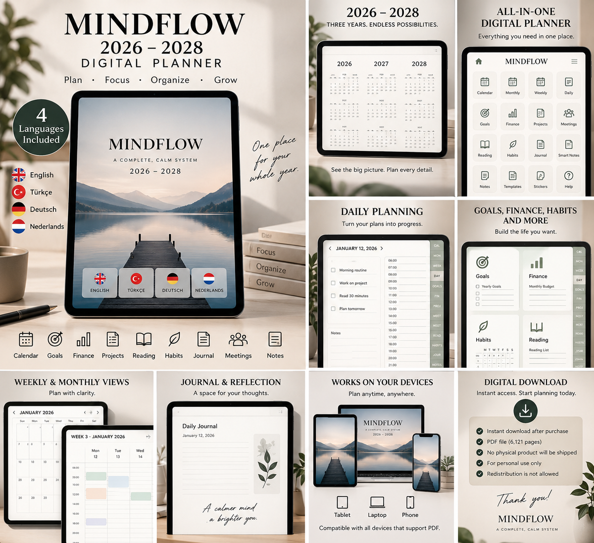 MINDFLOW 2026–2028 Digital Planner | Hyperlinked PDF