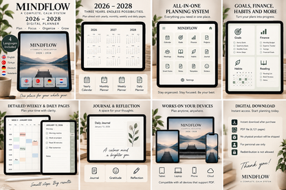 MINDFLOW 2026–2028 Digital Planner | Hyperlinked PDF